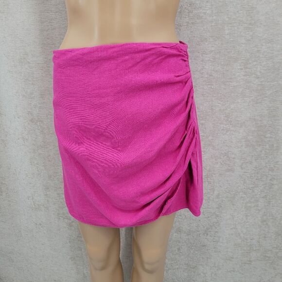 Zara Faux Wrap Mini Skirt Pink Side Ruched Linen Viscose Women's Medium - Picture 1 of 11